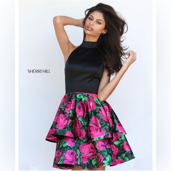 Sherri Hill Black Halter Red Rose Floral Tiered Cocktail Mini Dress Prom 50721 - Picture 1 of 16